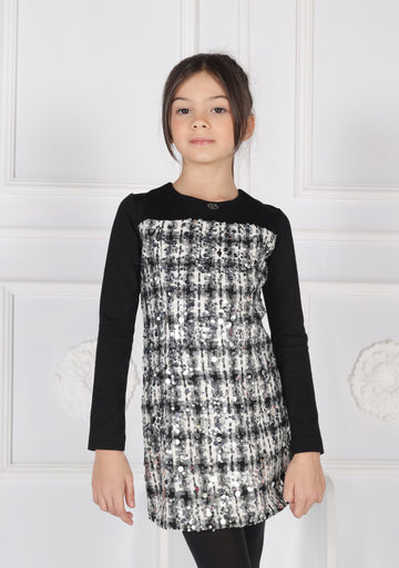 Vestito a Manica Lunga Svasato in Punto Milano e Paillettes con Logo Frontale