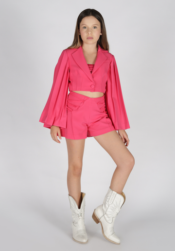 Blazer Cropped in Tessuto Tecnico con Collo a Revers e Maniche Plissettate - Fun&Fun Couture